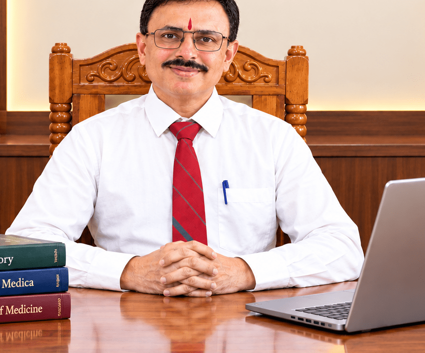 Dr. Shriram Hirlekar, Homeopath and Counselor, at his clinic in Vengurla